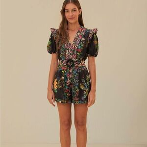 FARM Rio Black Delicate Forest Scarves V-Neck Belted Romper